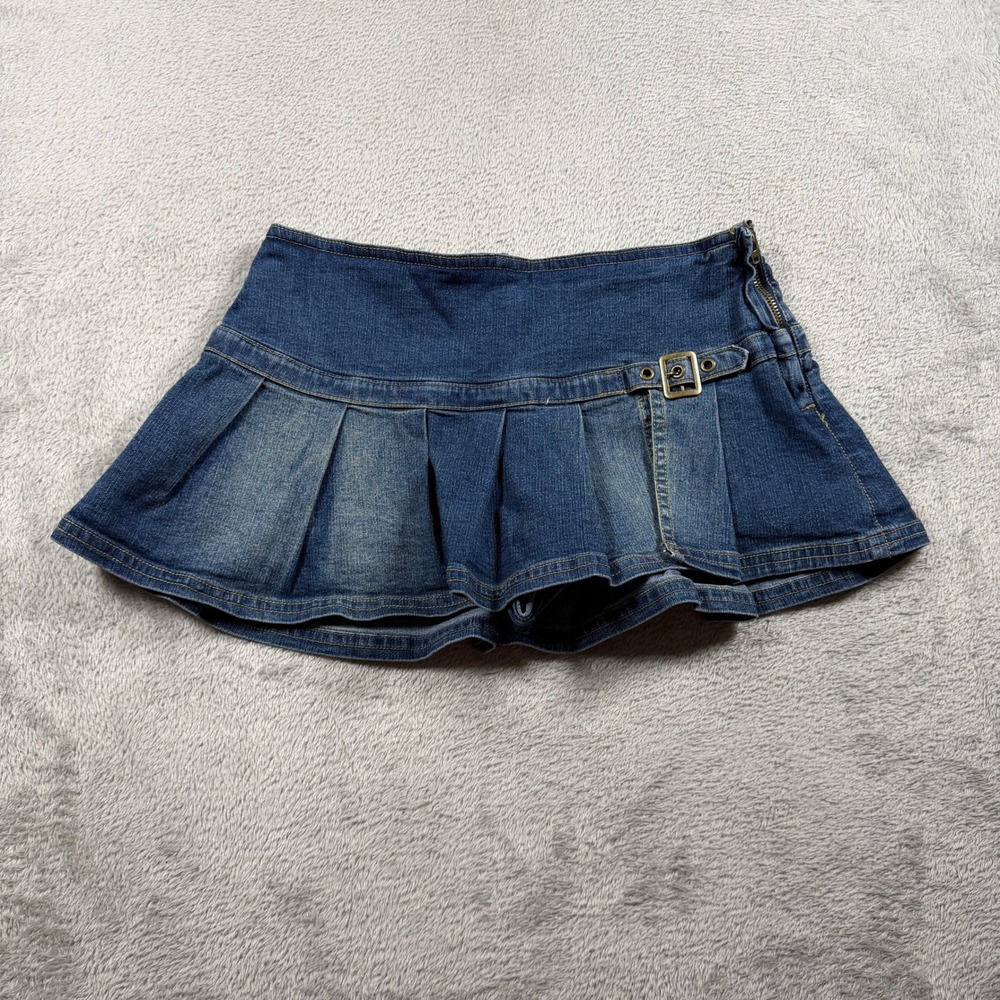 BDG Micro Mini Skirt Women XS Blue Denim Pleated Buckle Y2K Low Rise